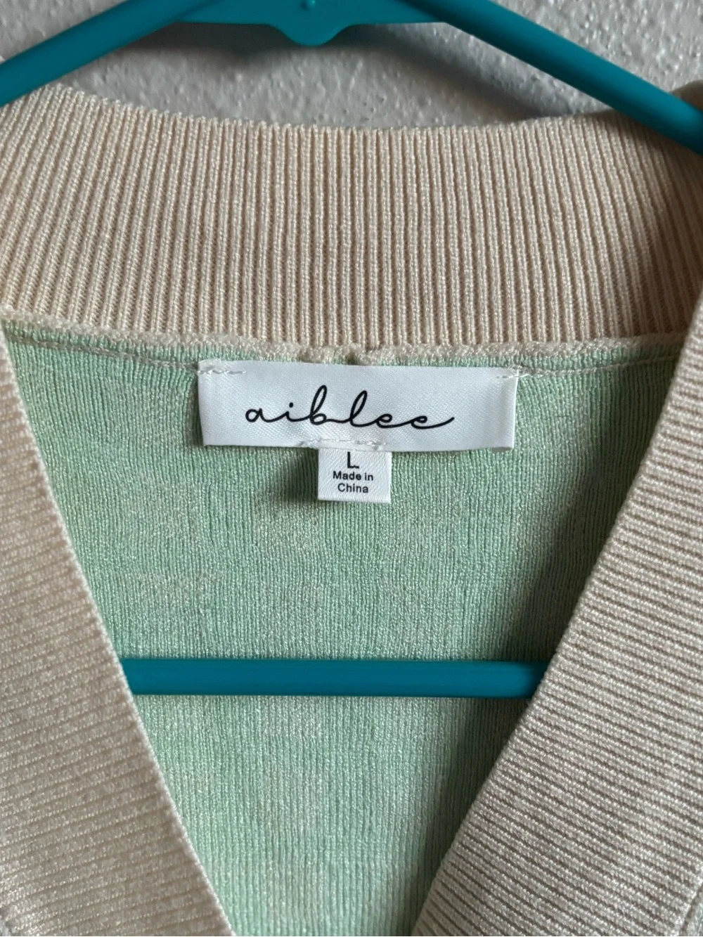 Aiblee Plaid Cardigan Long Sleeve Cream Mint Green Large Fall Preppy Sweater